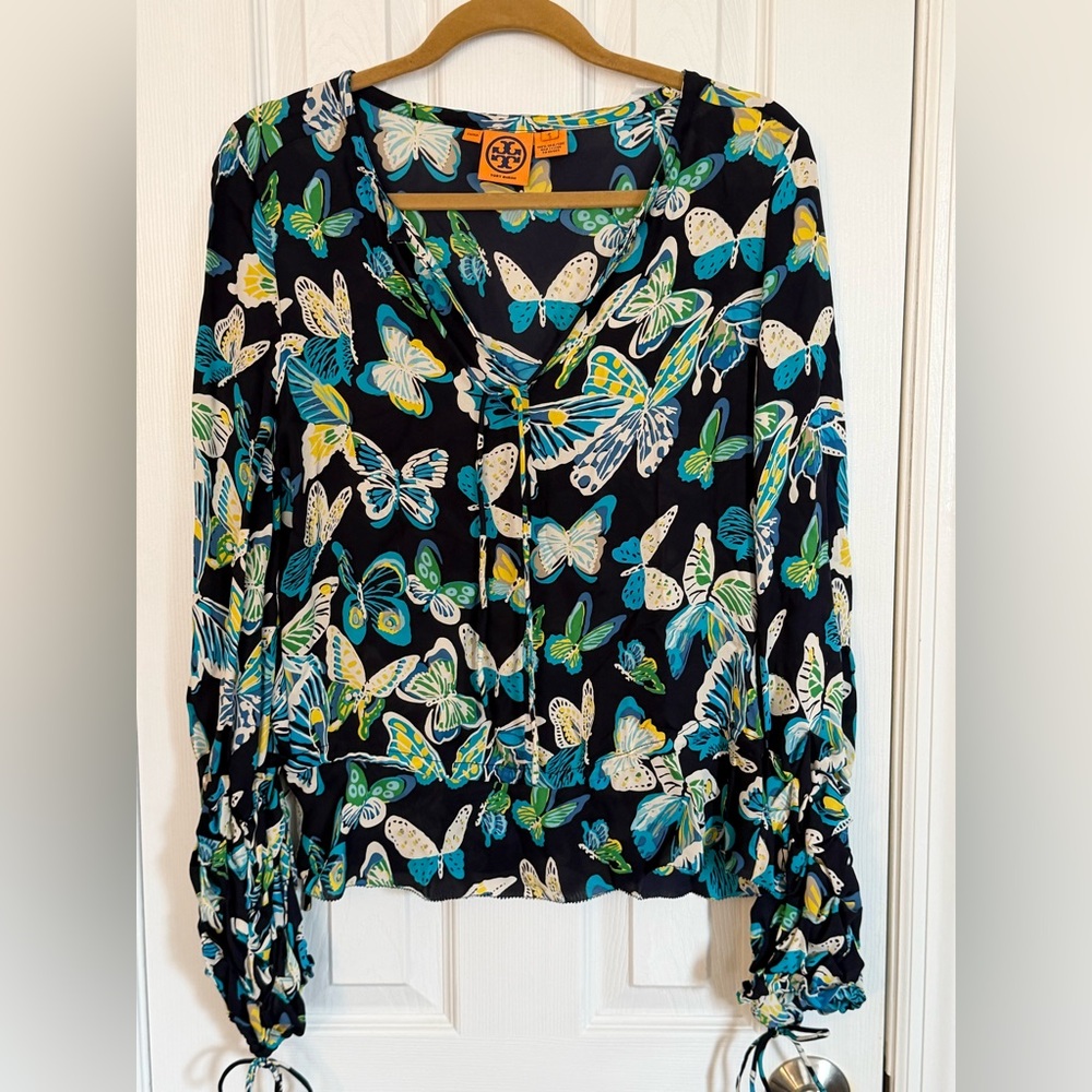 Tory Burch Black Butterfly Print Long Sleeve Blouse